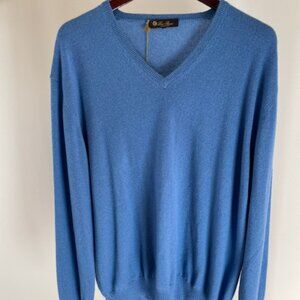 Loro Piana NWT Men's Classic Baby Cashmere V-Neck Sweater Steel Blue Size L